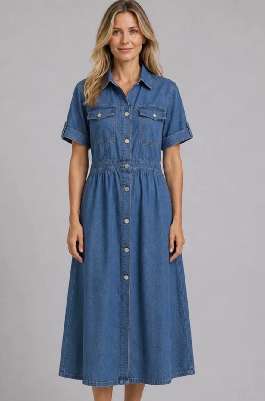 Button Front Denim Midi Dress XXL